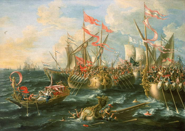 Battle of Actium,  September 2, 31 BCE, painted in 1672 by by Lorenzo A. Castro, Location TBD.