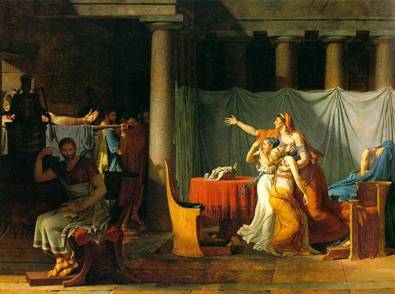 Lictors bring to Brutus the Bodies of His Sons, 43 BCE, painted in 1789 by Jacques Louis David (1748-1825) location tbd.