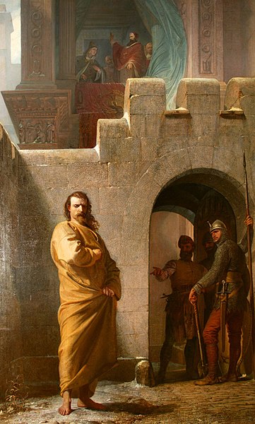 Road to Canossa, Henry IV, Holy Roman Emperor, journeys to seek absolution from Pope Gregory VII, 1077, painted ca. 1855 by Eduard Schwoiser (1826-1902) Stiftung Maximilianeum, Munchen, 