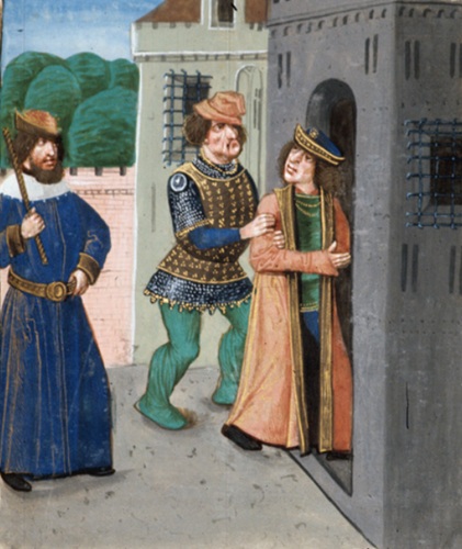 Robert of Normandy captured and imprisoned, 1106, September 28 (British Library, London,  Royal MS 14 CE, f. 476r. B)