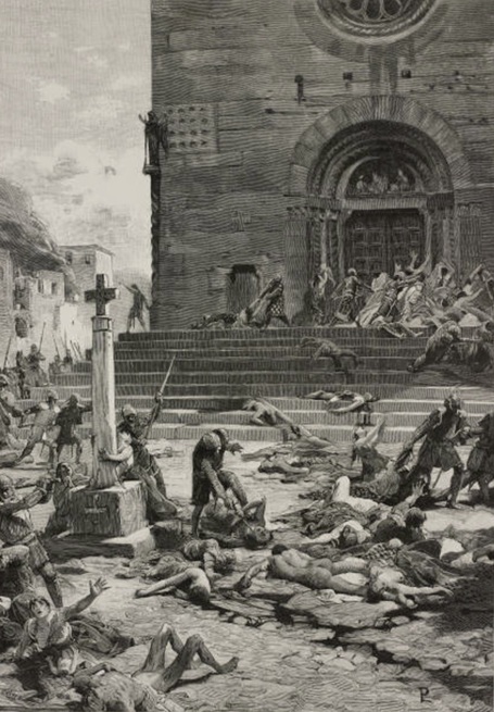 Massacre at Augusta Sicily during siege of Charles I of Anjou, 1269 (Lodovico Pogliaghi) (1857–1950)