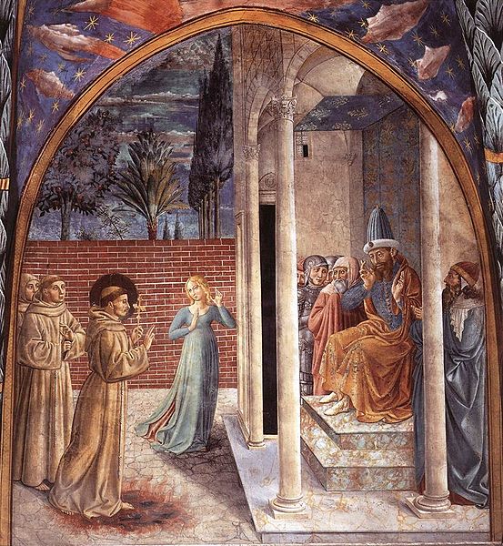 Francis of Assisi meets with al-Kamil, 4th Ayyubid sultan of Egypt during Fifth Crusade, 1219, September-October (Benozzo Gozzoli) (1420-1497) Museum Complex of San Francesco (Montefalco) Apsidal Chapel