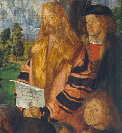 Self-Portrait with two men, 1506  (Albrecht Dürer)  (1471-1528) National Gallery Prague O1552