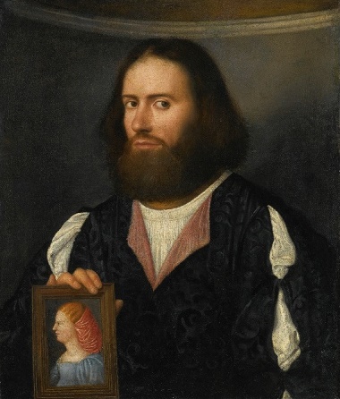 A Man holding a Womans Portrait, ca. 1510-1515 (attributed to Giovanni de Busi, Il Cariani) (ca. 1485-1547)  Sothebys Master Paintings, 4 June, 2015, New York, Lot 37 