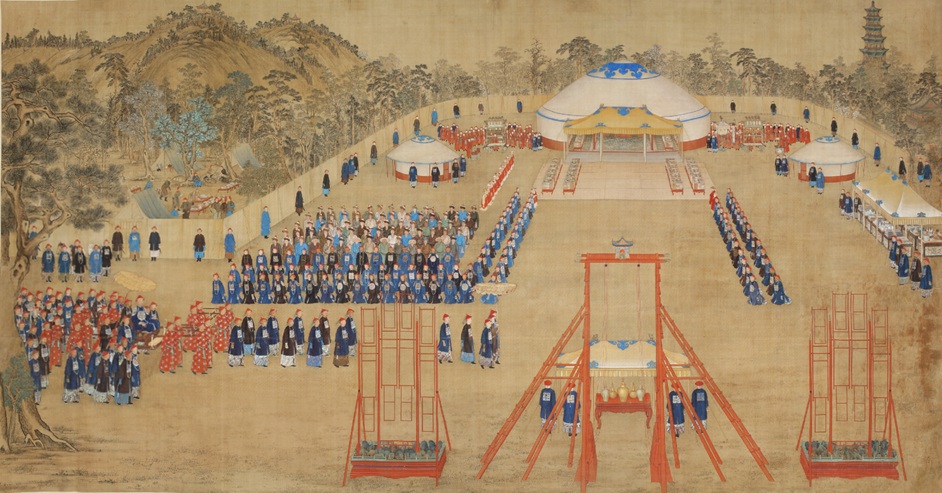 Qianlong Emperor holds welcoming ceremony for Dörbet Mongols, 1754, May - Garden of Ten Thousand Trees 清人万树园赐宴图轴 (Jean Denis Attiret / Giuseppe Castiglione) The Palace Museum, Beijing, 故00006275