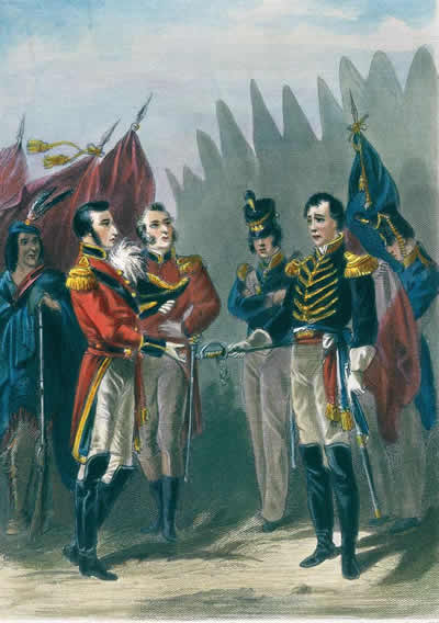 Brig. General William Hull surrenders Fort Detroit to the British, August 16th, 1812, (Augustus Robin) Library and Archives Canada, Acc. No. 1997-56-1.