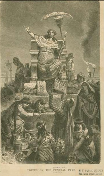 Croesus on the funeral pyre, defeated by Cyrus after Battle of Thymbra, 546 BCE (Hermann Vogel) (1856-1918)