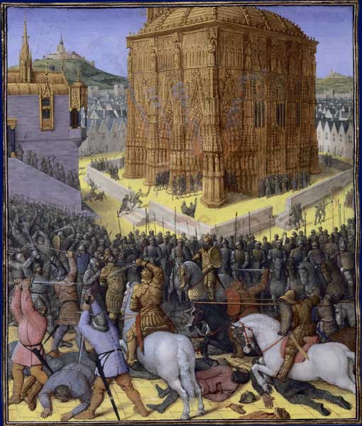 Capture of Jerusalem by Nebuchadnezzar, Neo-Babylonian King, Destruction of the Temple, 586, painted in 1470  by Jean Fouquet, Antiquités judaïques 
Bibliothèque nationale de France, Fr.247, f.213v.
