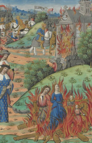 Death of the rebellious Chramn, at the hands of his father Chlothar I,  561, by Guillaume Crétin, in Chroniques Françaises, after 1515, Rouen, France. Bibliothèque Nationale de France.
