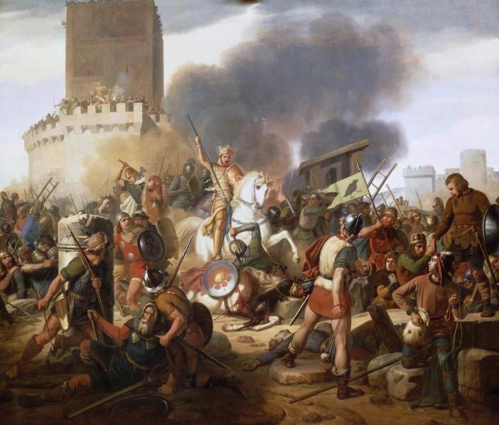 Northmen Siege of Paris, Count Eudes (Odo) defends, 885-886, painted 1836 by Jean Victor Schnetz (1787-1870) Château de Versailles, MV 2673.