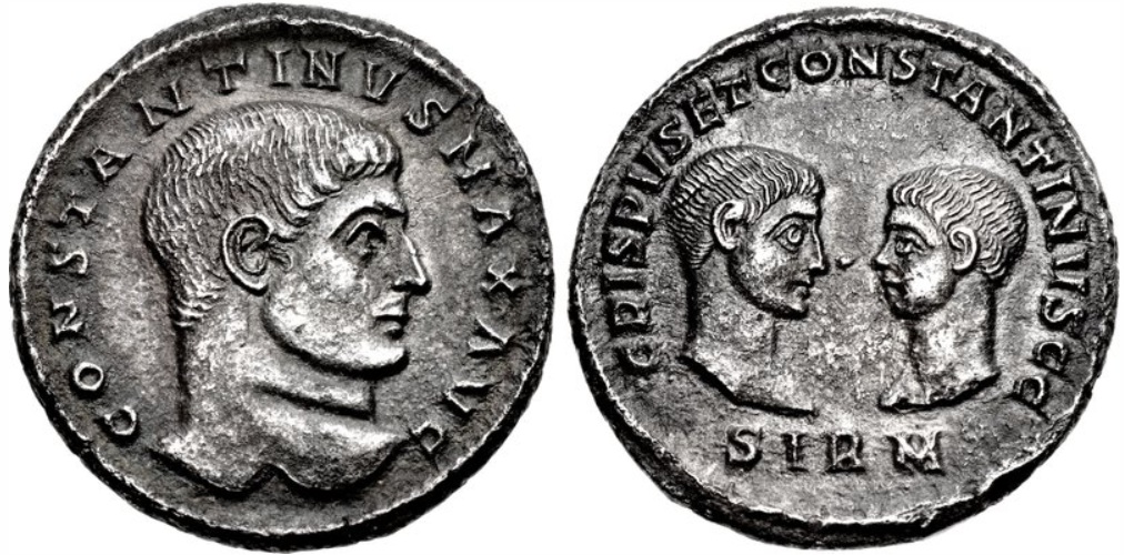 Constantine I, with Crispus and Constantine II, Caesars, 320 CE  (Sirmium mint - AR Heavy Miliarense)