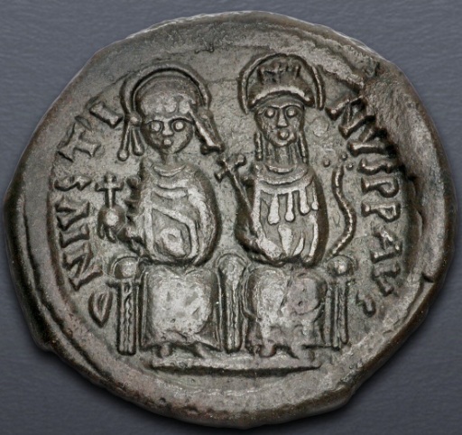 Justin II with Sophia, 568-569 CE (RY 4) (Nicomedia mint - AE Follis)
